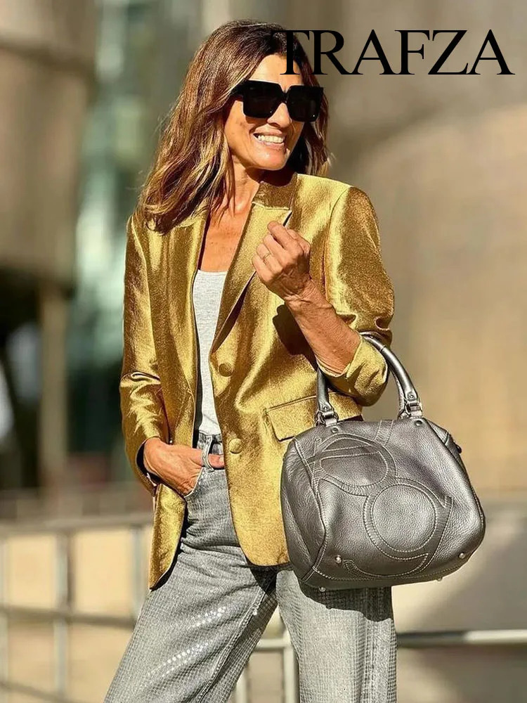 TRAFZA Autumn Womens Fashion Gold Blazer Retro V Neck Party Long Sleeve Button Up Pocket Casual Chic Top 241112