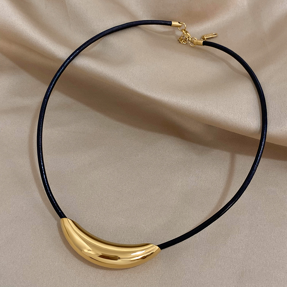 HAO Vintage Chunky Gold Color Metal Tube Pendant Black Leather Wax Rope Choker Necklaces for Women New Charm Jewelry Gift 5