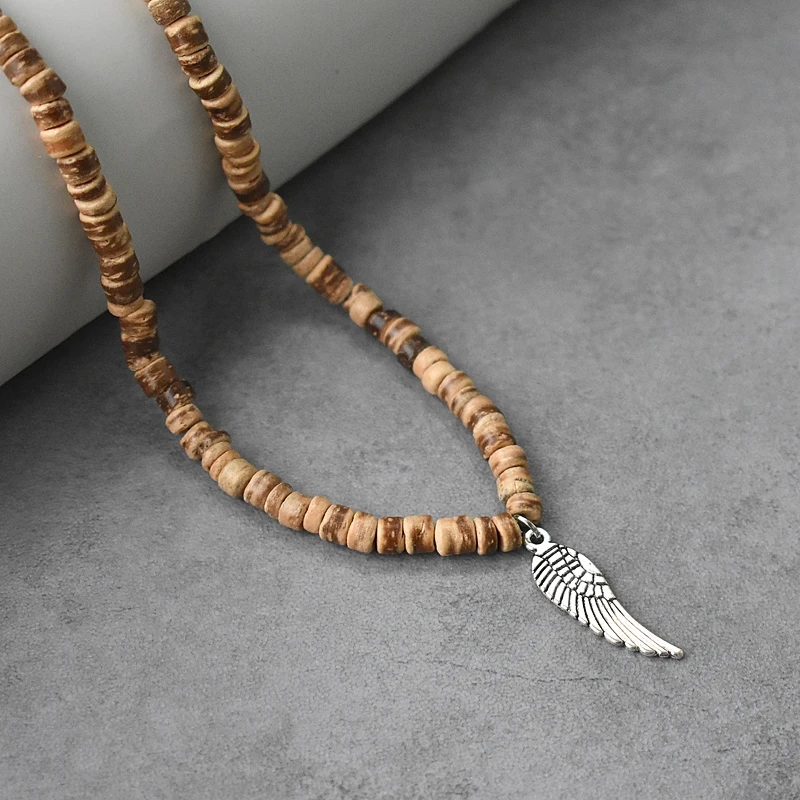 Vintage Bohemia Surfer Feather Wing Pendant Necklace for Men Simple Tribal Ethnic Coconut Shell Beaded Necklace Men Jewelry