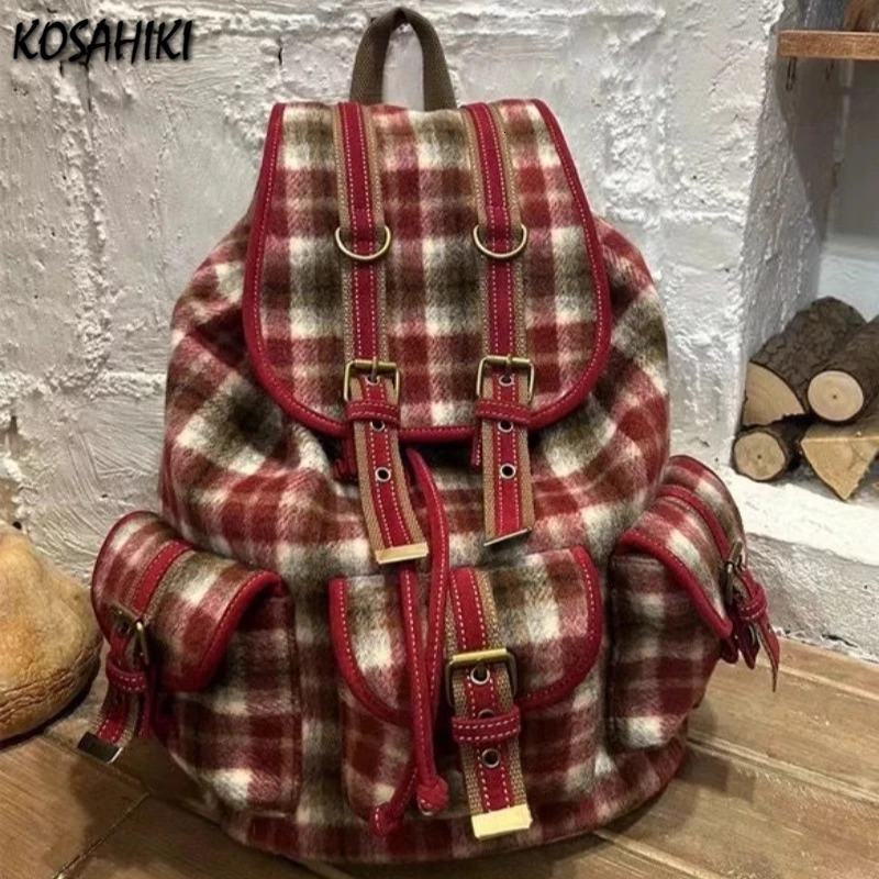 Sweet Y2k Aesthetic Fashion Plaid Backpack Womens Kawaii Casual Cute Student Backpack Preparatory Retro Fully Matched Fashion Backpack 241111