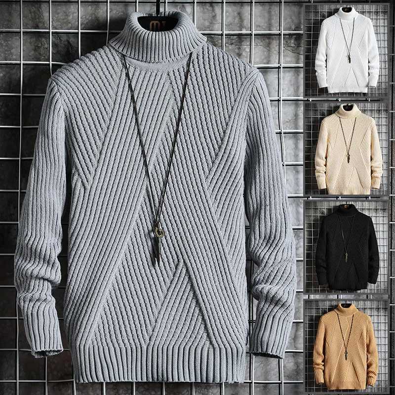 New winter mens casual turtle neck zipper mens long sleeved striped sweater Korean fashion warm knit sweater W2411111