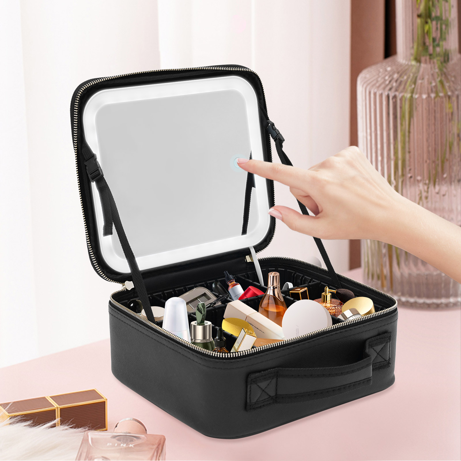 Cosmetic Organizer Case with LED Mirror Travel Makeup Bag Large Capacity PU Adjustable Compartment Makeup Storage Box f5b2d