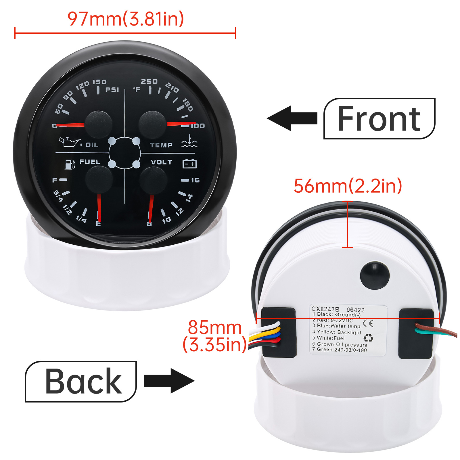 85mm Oil Pressure Water Temperature VOLT Fuel Gauge With Flashing Alarm Light 0-190/240-33ohm 4 In 1 Meter For Car Boat 12/24V
