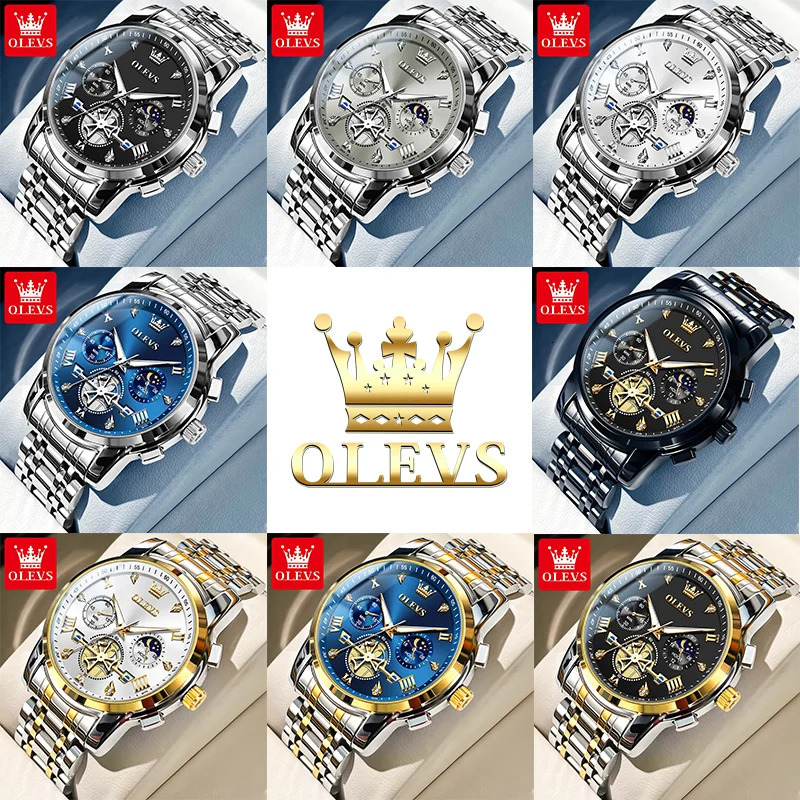 OLEVS mens classic multifunctional Fltwheel chronograph original quartz watch moon phase 24-hour waterproof reloj 241112