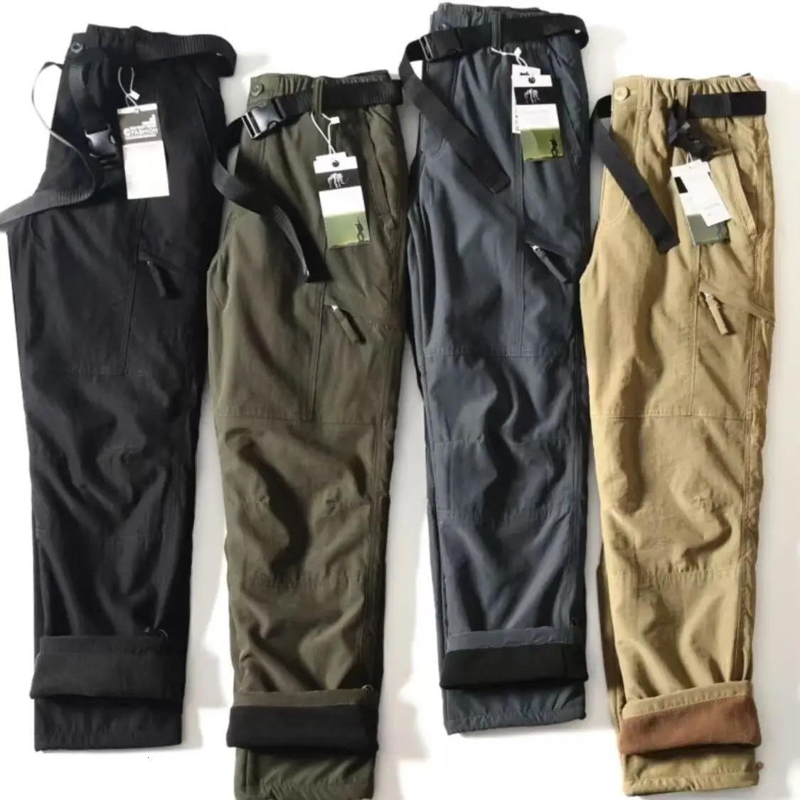 Mens Autumn Winter Fleece Work Cargo Pants Outdoor Hiking Sports Waterproof Warm Soft Shell Pockets Straight Cotton Trousers 241112