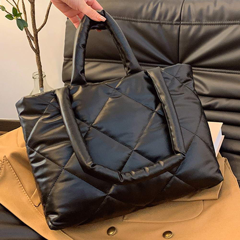 Women Puffy Tote Handbag PU Leather Padded Top Handle Bag Solid Color Large Capacity Ladies Daily Commute Bag