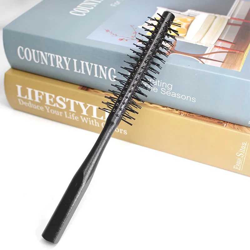 Mini round nylon hair brush with curly styling comb suitable for thin or short haired men with wooden handle W241112