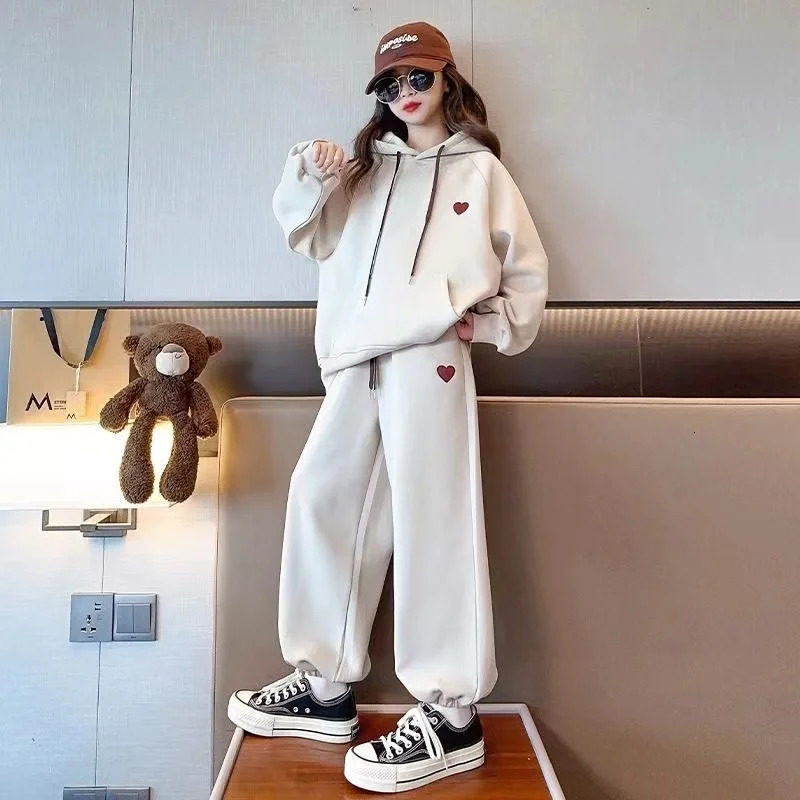 Girls Winter Autumn Fashion Ins Ootd Korean Style 2Pcs Thick Warm HoodiePants Sports Suits 6-14 Years Kids Leisure Clothes Sets 241112