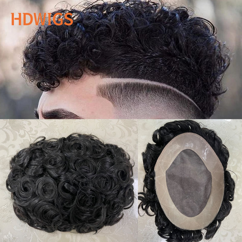 20mm Curly Men Capillary Prosthesis Fine Mono NPU Indian Human Hair Wig Brown Man Toupee Hair System Natural Hairpiece With Grey 73574