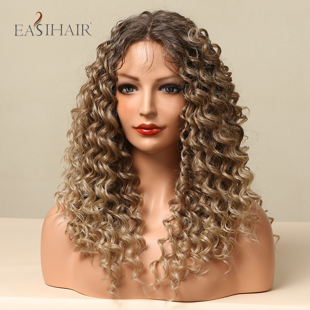 EASIHAIR Curly Wave Lace Front Synthetic Wigs Brown Golden Bouncy Curly Lace Hair Wigs for Afro Black Women Daily Heat Resistant ff502