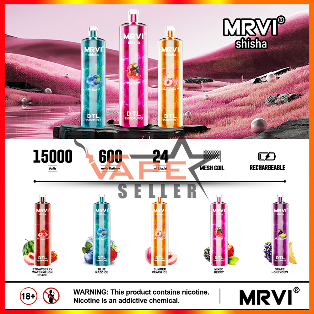 Authentic MRVI 15000 Puffs Shisha Pen DTL E Zigarette Disposable Vape 24ml Pod Rechargeable 600mAh Battery Crystal Hookah Puff 15K