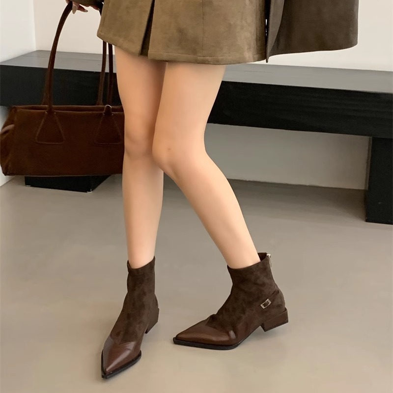 Fashionable Versatile Pointed-Toe Short Boots: Your 2024 Footwear Must-Have in Black and Coffee 9607