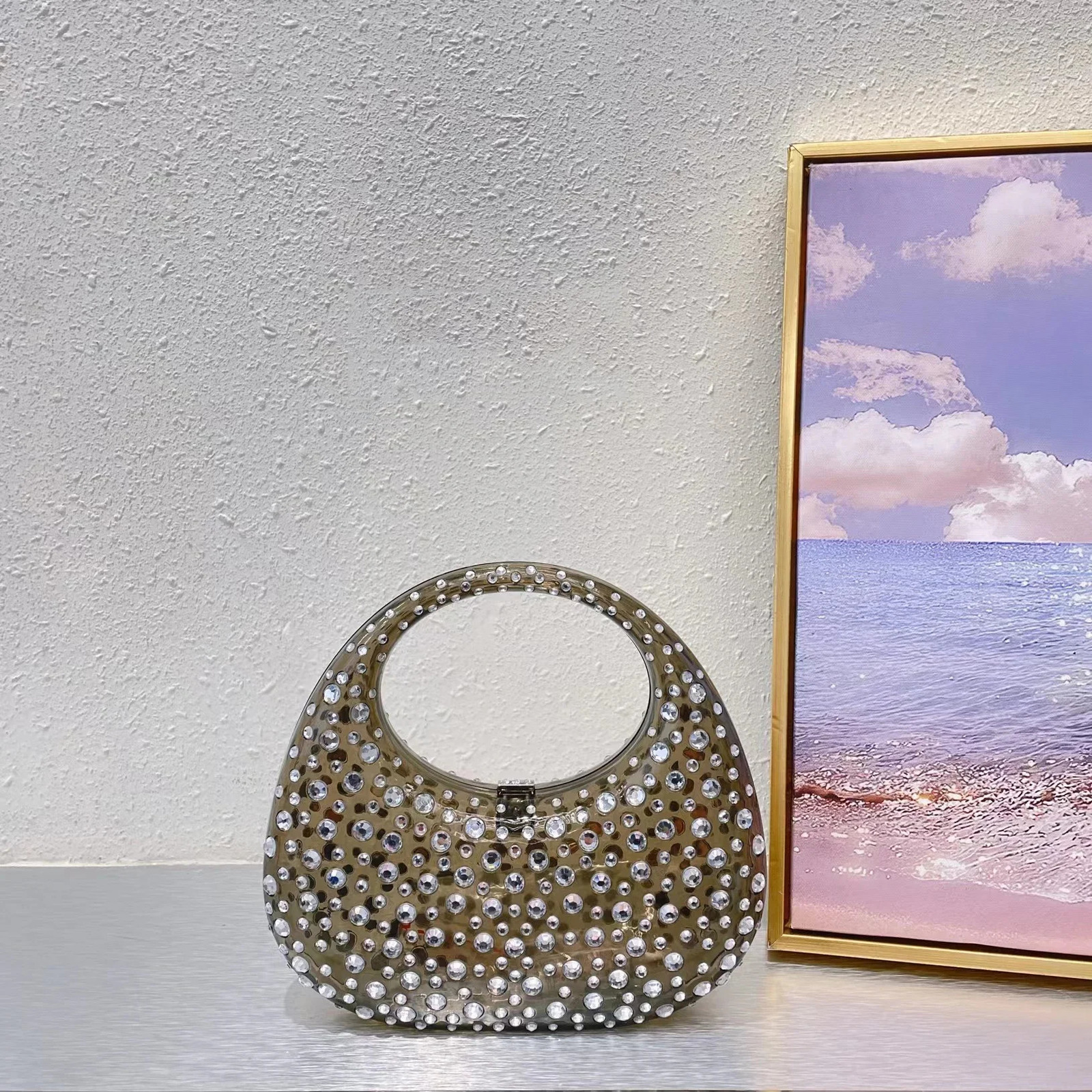 Clear Diamonds Evening Bags Acrylic er Women Handbags Rhinestone Wedding Purses Ladies Half Moon Crystal Clutch 241112