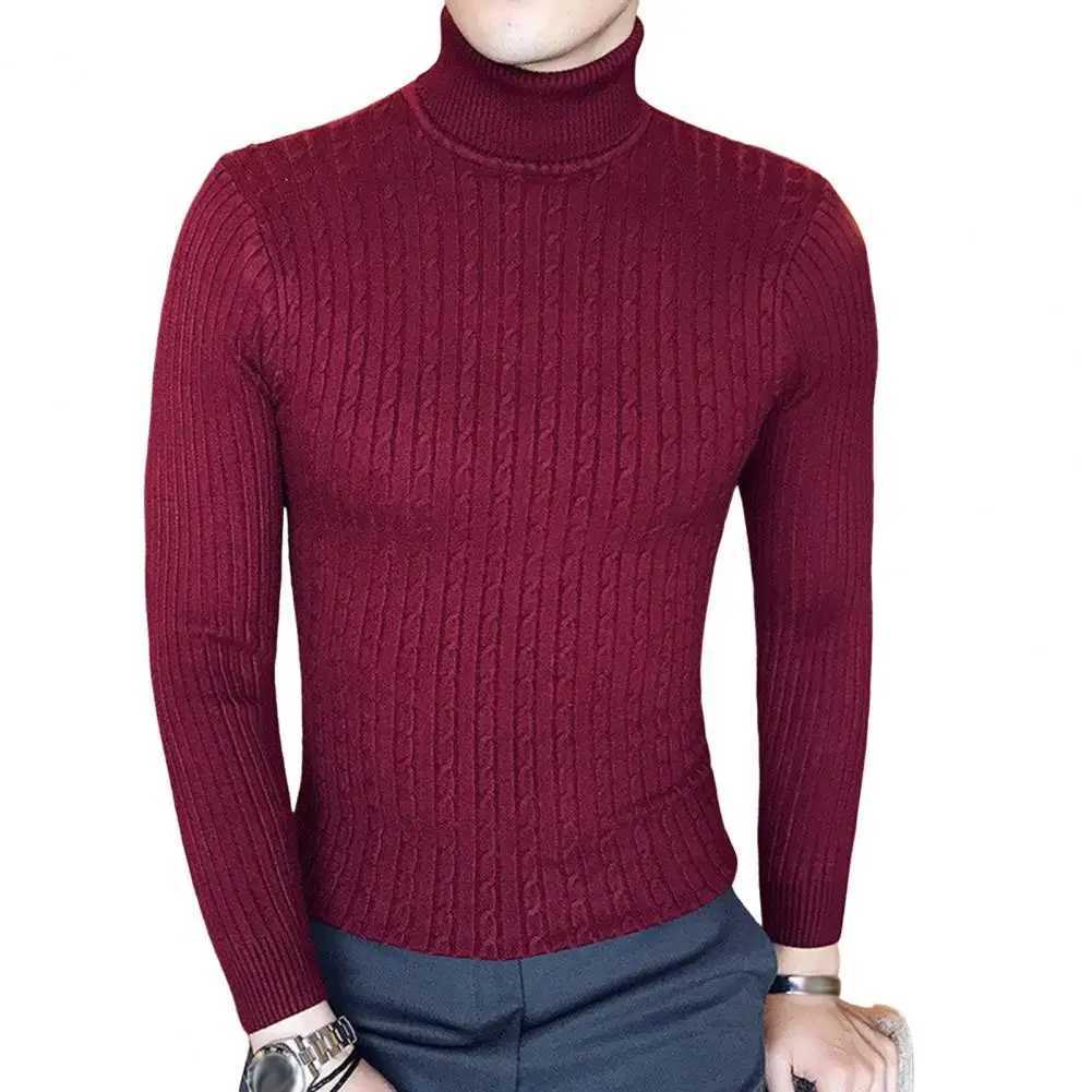 Autumn and Winter Mens Top Collar Sweater Warm Knitted Floral Korean Solid Color Casual Slimming Sweater Mens Bottom Sweater W2411111
