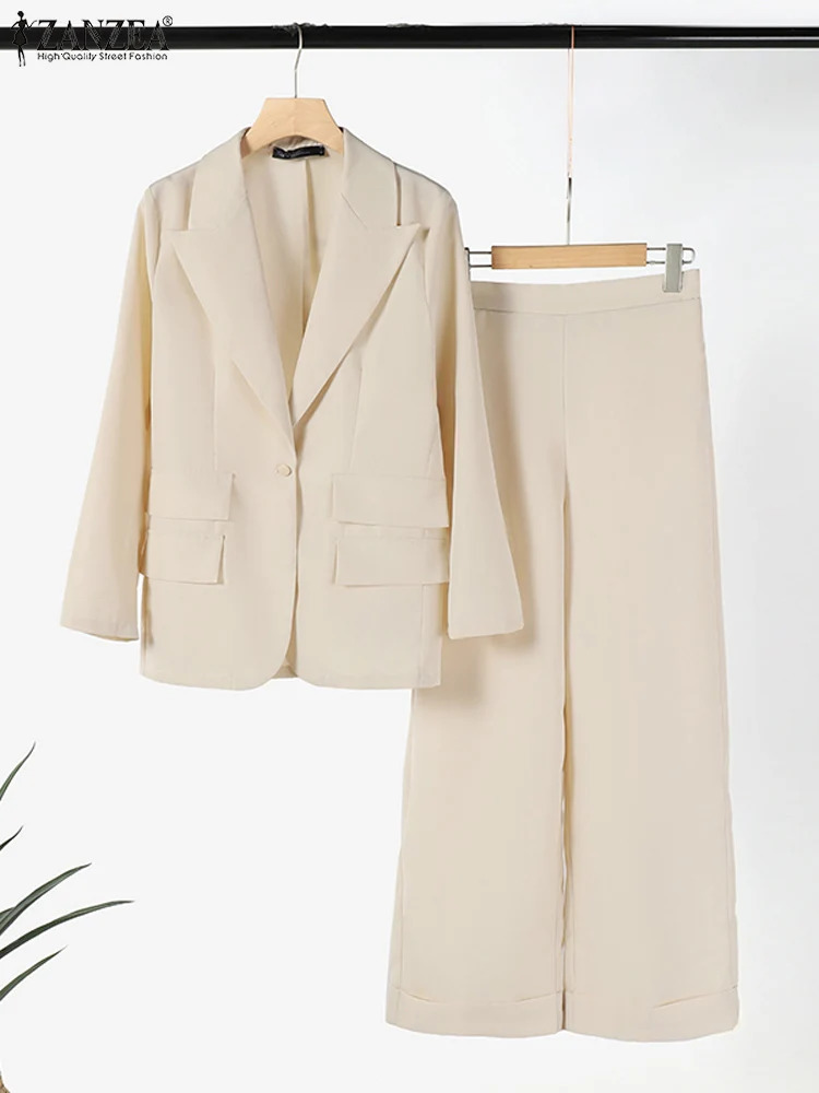 ZANZEA Lapel Neck Blazer Casual 2pcs Suits Office Lady Streetwear Wide Leg Trouser Women Pant Sets Commute Fashion 2-Piece Sets 241112