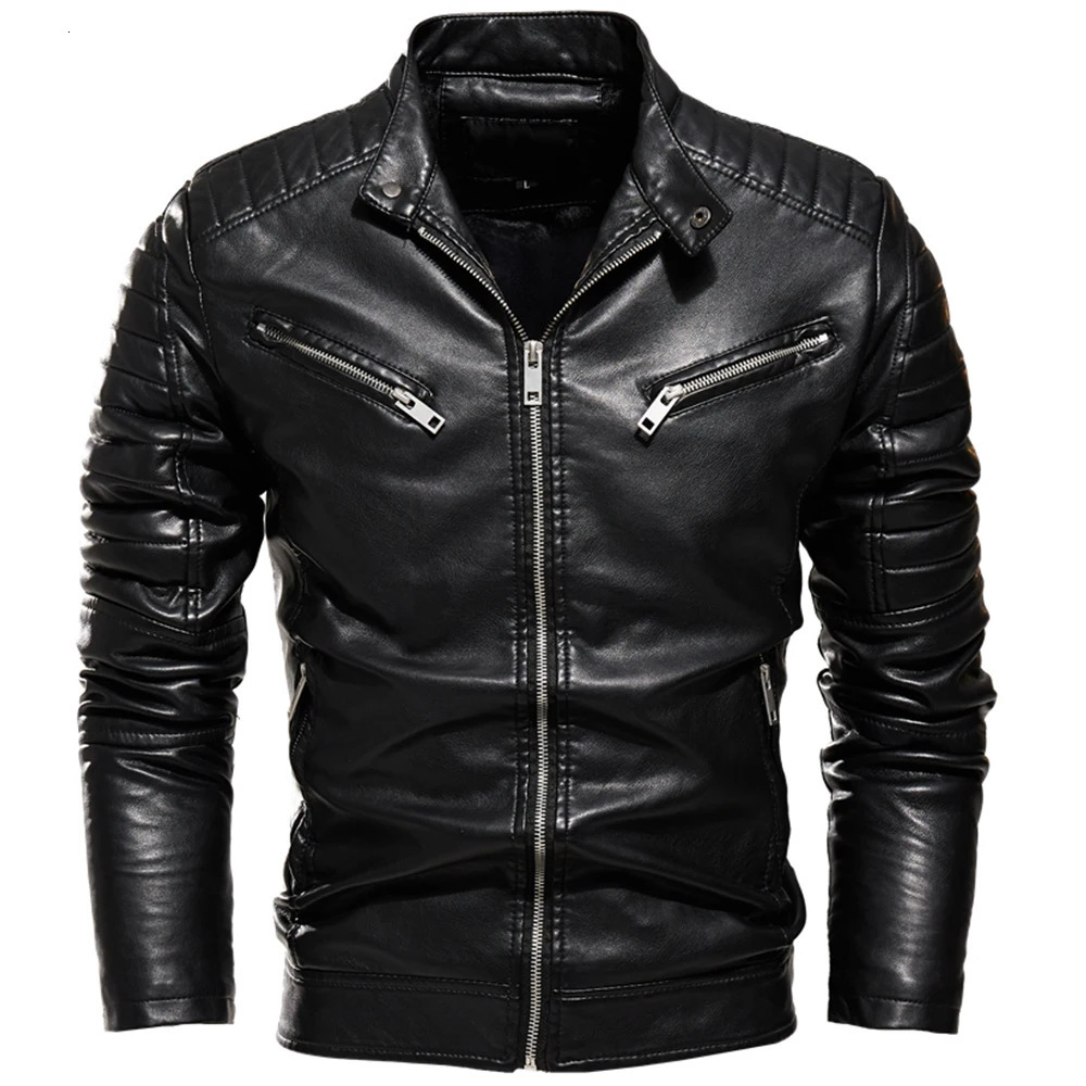 Winter Black PU Leather Jacket Men Fleece Warm Motorcycle Jackets Slim Street Fashion BLack Biker Coat Pleated n Zipper 241108