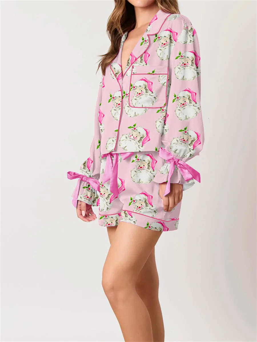 Women 2025 Christmas Pajama Set 2 Piece Button Down Shirt Nutcracker Satin Bow Santa Sleep Shorts Outfit Y2k Loungewear 241112