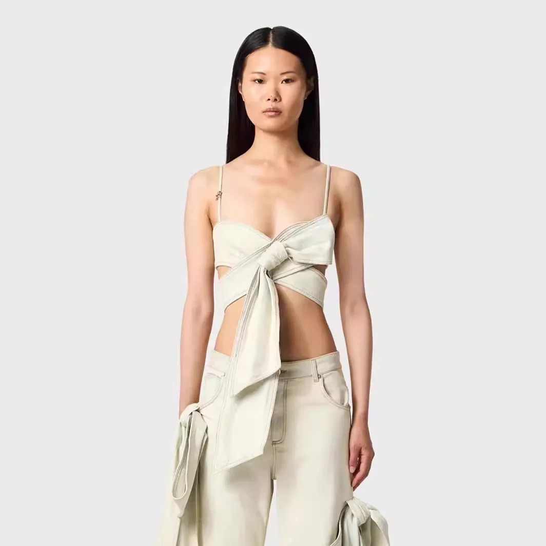 Retro Spicy Girlpersonality Bow Tie Bustier Vest Knot Straight Wide Leg Old Jeans Pants Matching Sets Womens Clothing 241112