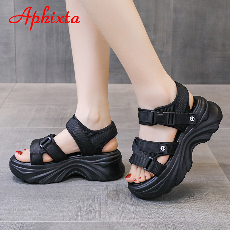Top-Rated Canvas Wedge Platform Sandals for Women Black Buckle Slides with 6.5cm Thick Sole for Height and Comfort