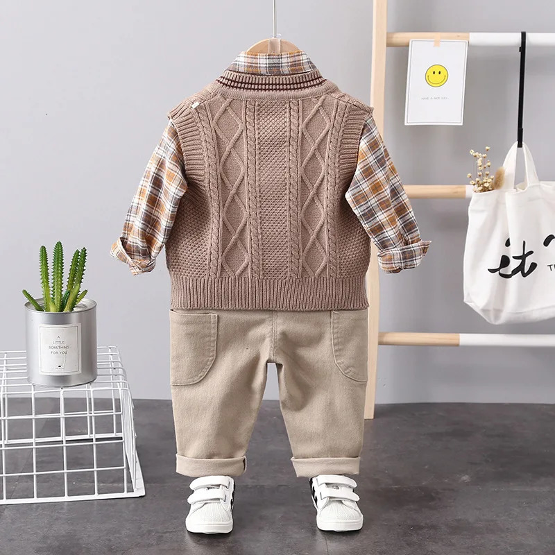 Spring Autumn Kids Fashion Korean Checkered Knitted V-neck Sweater Tank Shirt Pants Three Piece Set for Boys And Girls 241112