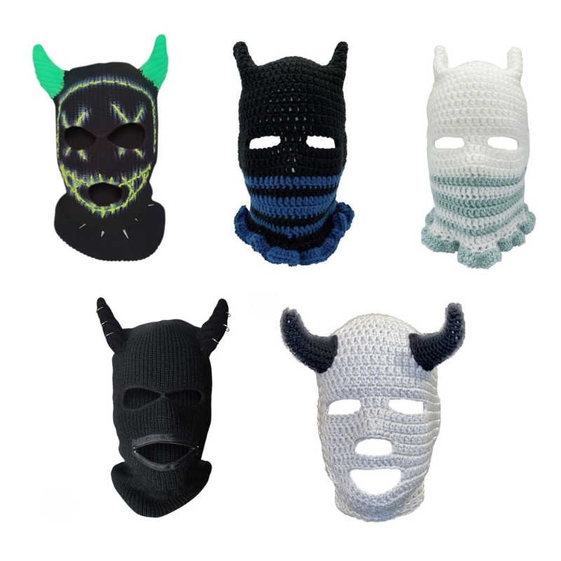 Halloween Funny Knit Warm Full Face Cover Devil Horn Balaclava Hat