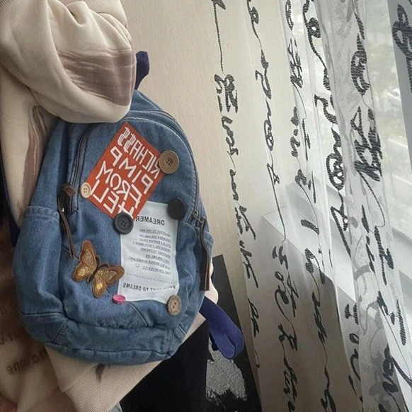 American retro button collage letters cute mini backpack student backpack storage bag Kawaii Y2k handbag denim backpack 241111