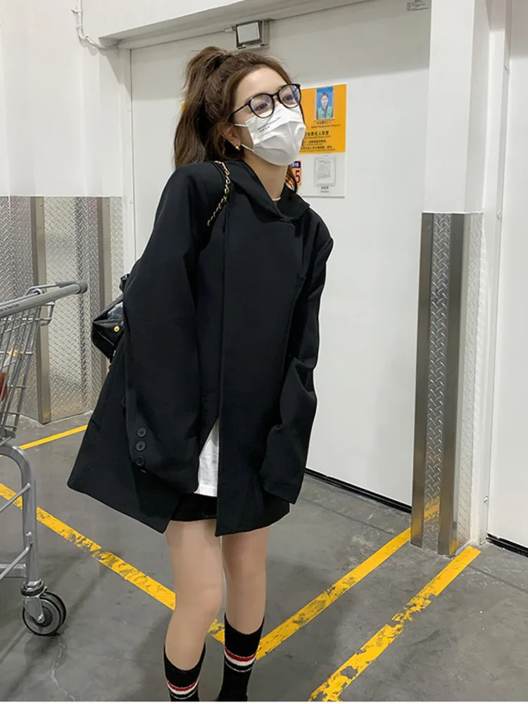Women Black Hooded Suit Pullover Blazer Irregular Split n Spring Autumn Korean Top Loose Femme Streetwear 241112