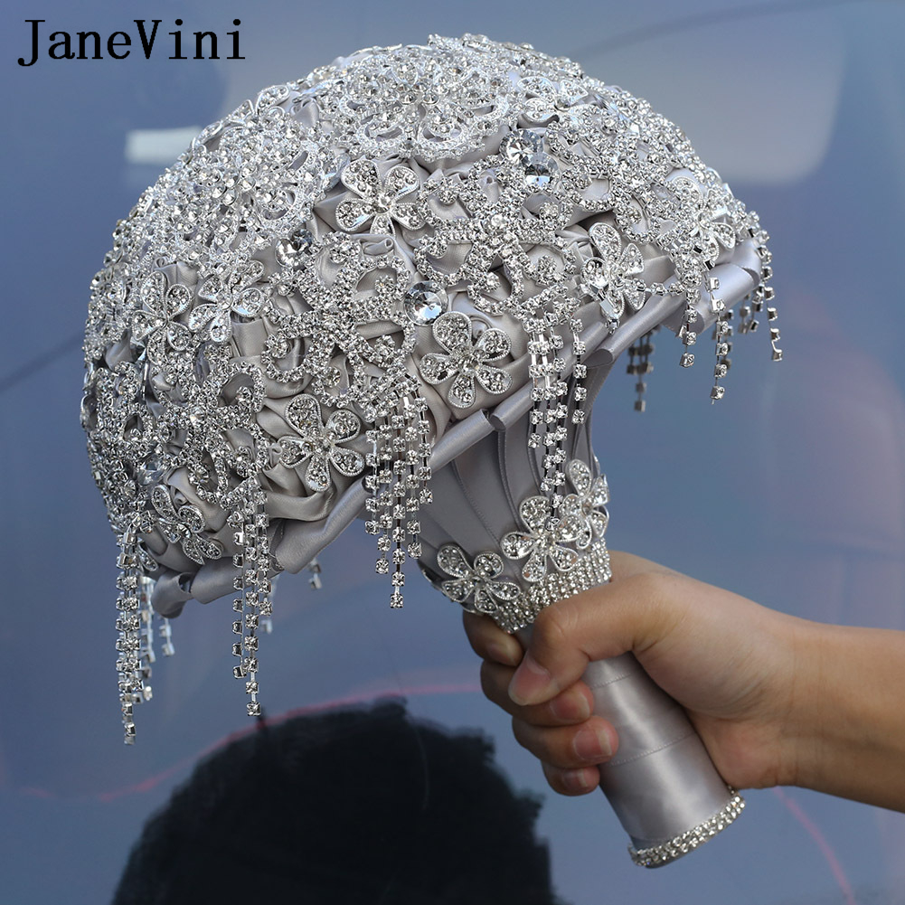 JaneVini Bling Bling Silver Jewelry Brides Wedding Bouquet Satin Flower Beaded Crystal Bruidsboeket Wedding Bridal Hand Bouquets