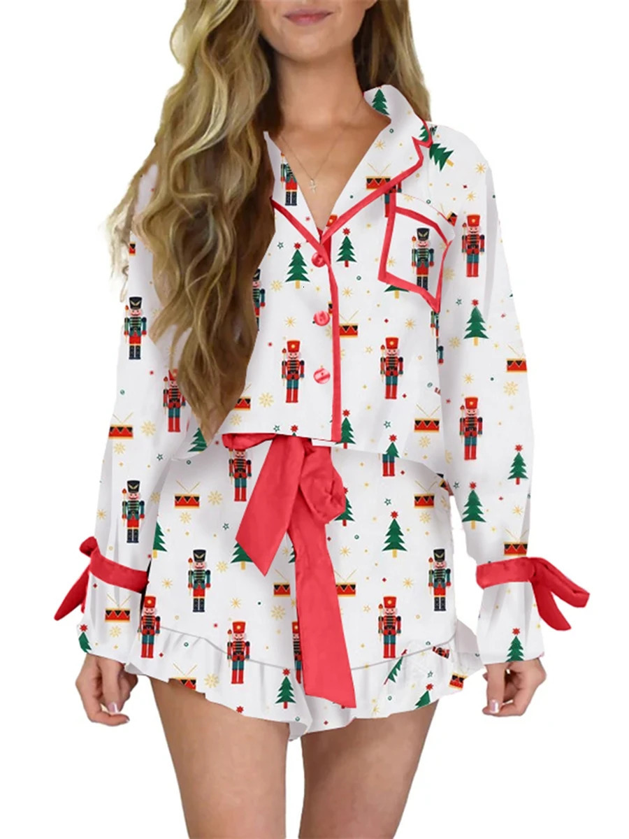 2025 Women Christmas Pajamas Set Santa Print Bow Tie Long Sleeve Shirts Shorts 2 Piece Sleepwear Outfits Loungewear 241127