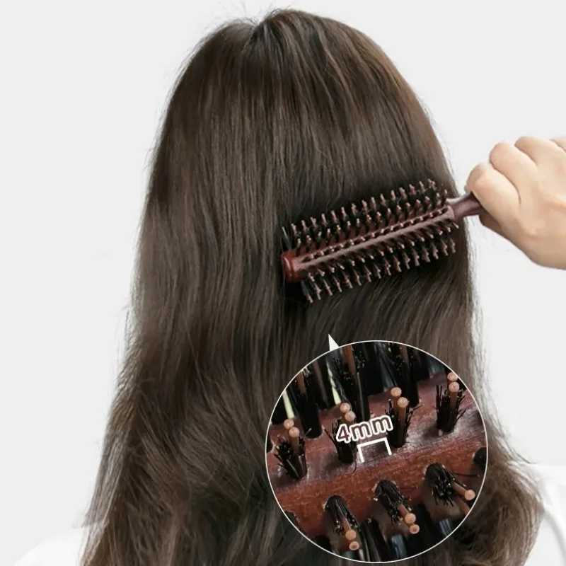 Type 3 Solid Wood Curling Comb for Pig Mane Natural Pig Mane Curling Brush Round Barrel Hair Dryer Curling Styling Tool W241112