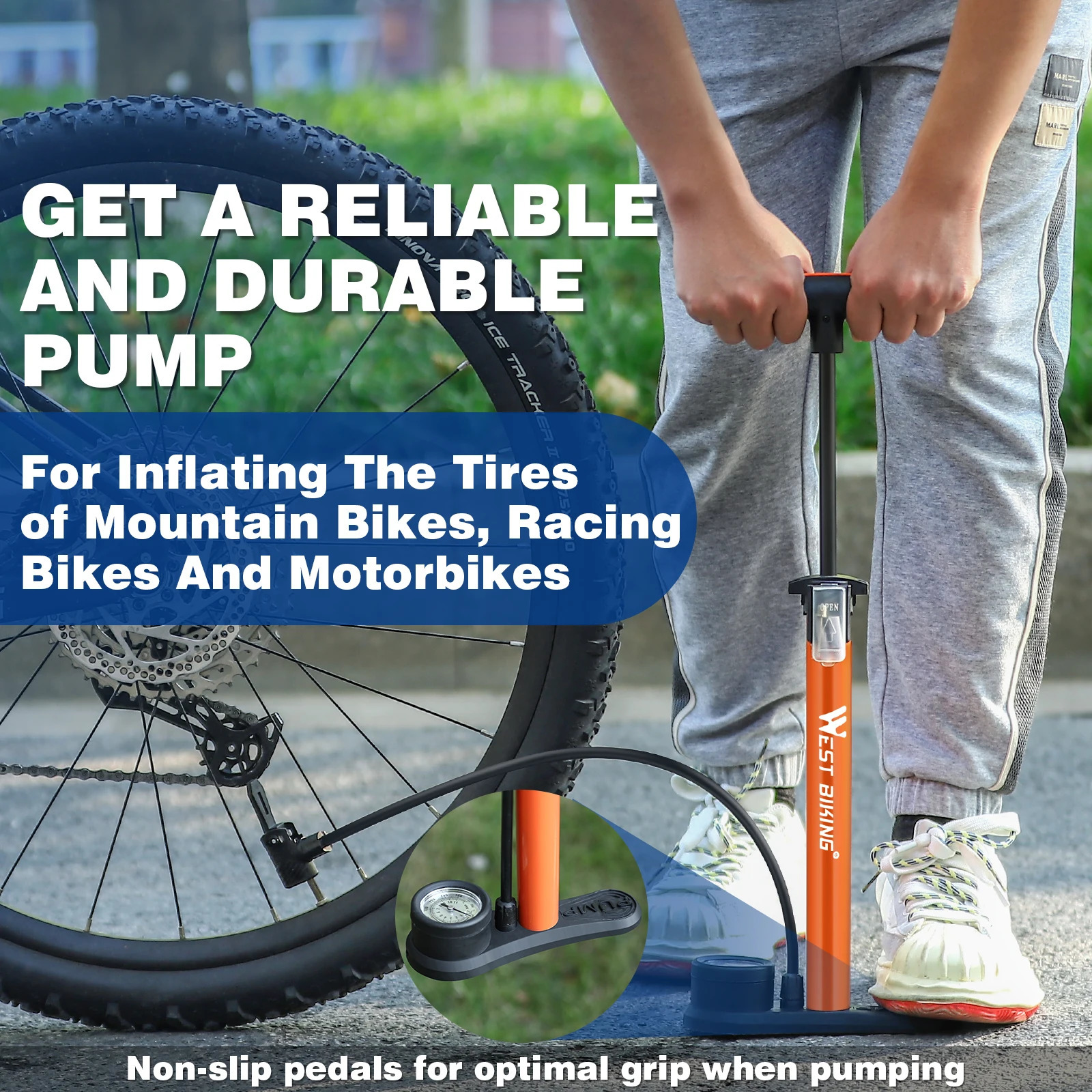 WEST BIKING 160PSI Bicycle Air Pump with Schrader Instrument Presta Road Bike Ball High Pressure Tire Inflator Steel Bicycle Pump 241112
