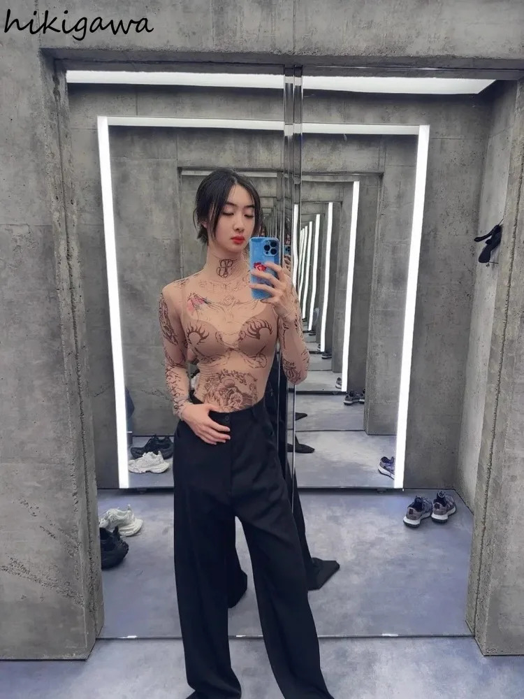 Graffiti print top womens sexy T-shirt Tunic Gauze Camisetas Y2k top fashion perspective Ropa unprinted shirt 241112