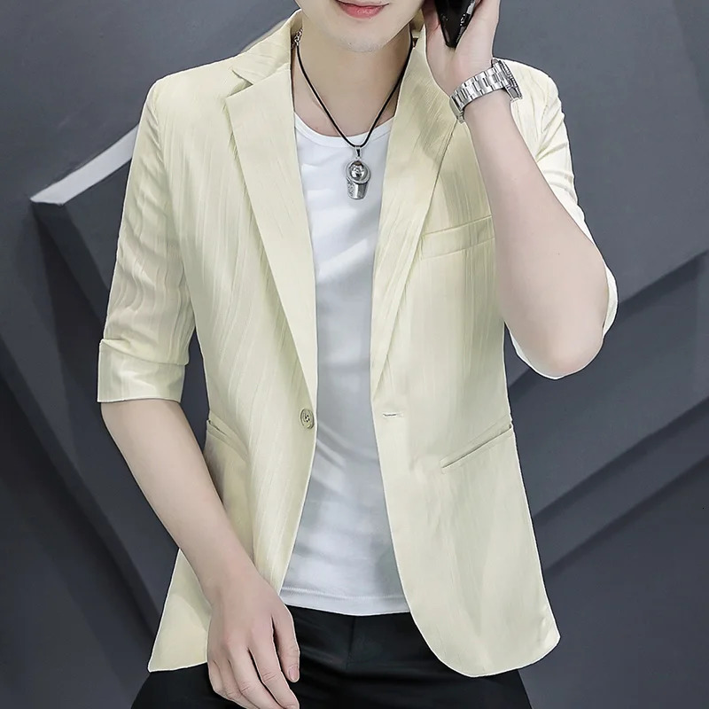 Summer Mens Solid Color Thin Coats Korean Single Button Slim Fit Suits Blazers Casual Outwear Mid Sleeve Small Top Jackets 240412