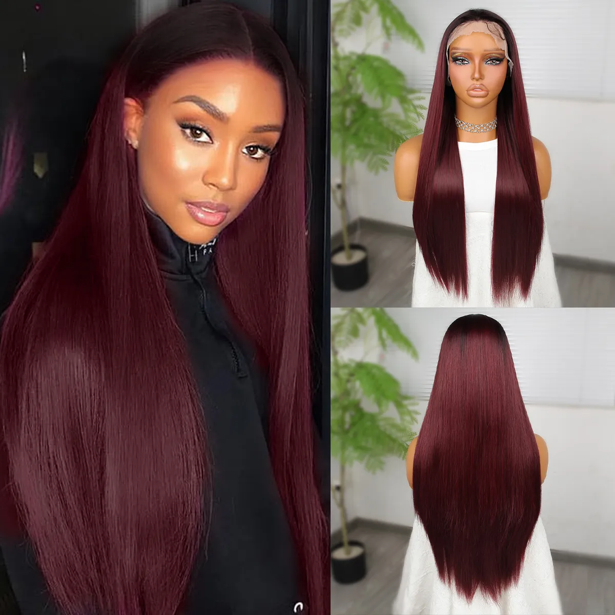 Long Wine Red Colored Lace Frontal Simulation Human Hair Wig Highlight 28 30 Inch Synthetic Deep Wave Wigs For Woman 360 Full Front Heat Resistant