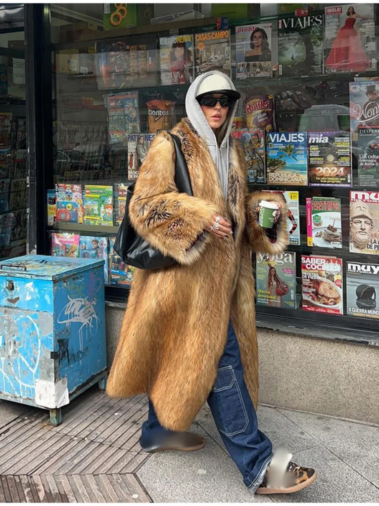 Women Fashion Lapel Gradient Mixed Fur Jacket Chic Long Sleeve Pocket Warm Maxi Coat 2024 Autumn Winter Lady Highstreet Outwear 241112