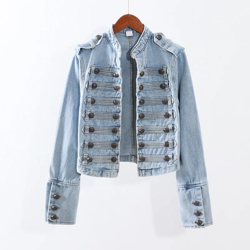 autumn military style handsome stand up collar denim jacket for women double-layer ultra-thin short black denim jacket for womens outerwear 241112