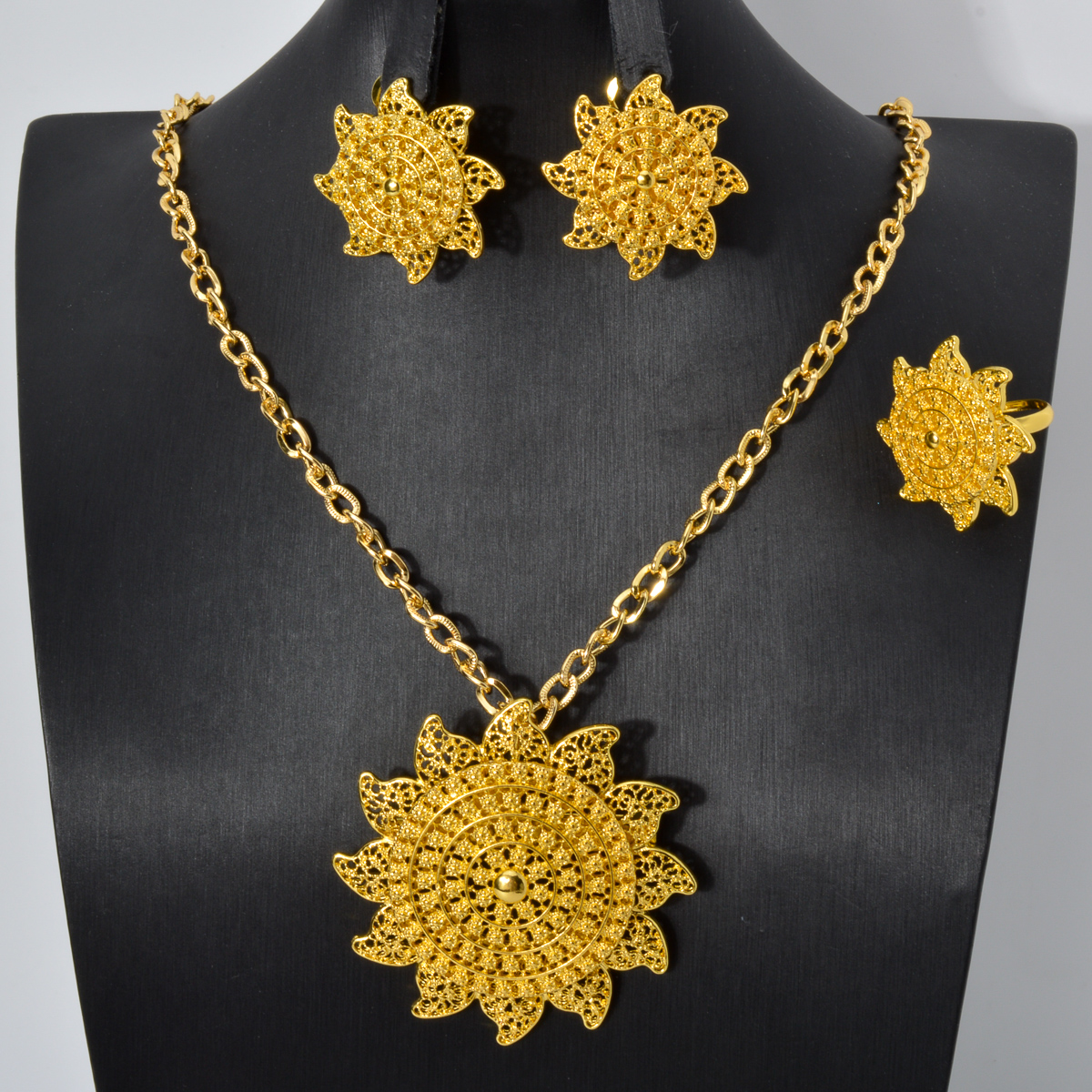 Ethiopian African Jewelry Set for Women Arabic Dubai Chain Necklace Flower Pendant Earrings Ring Gold Color Brooch Wedding Gift f4fe1