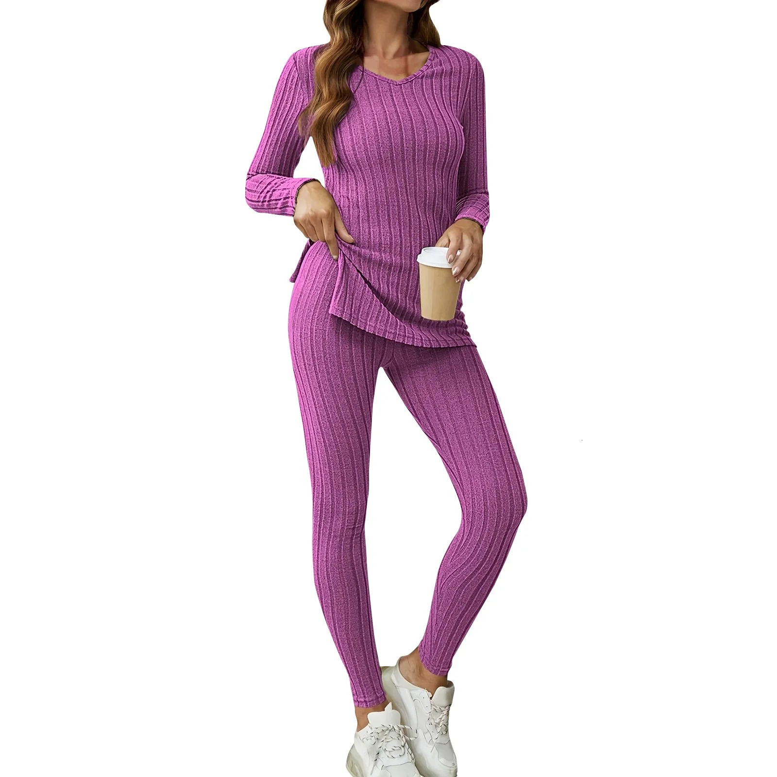 Plus Size Casual Outfits Sets Solid Ribbed Long Sleeve Round Neck Split Hem Top Pants 2 Piece Set 241108