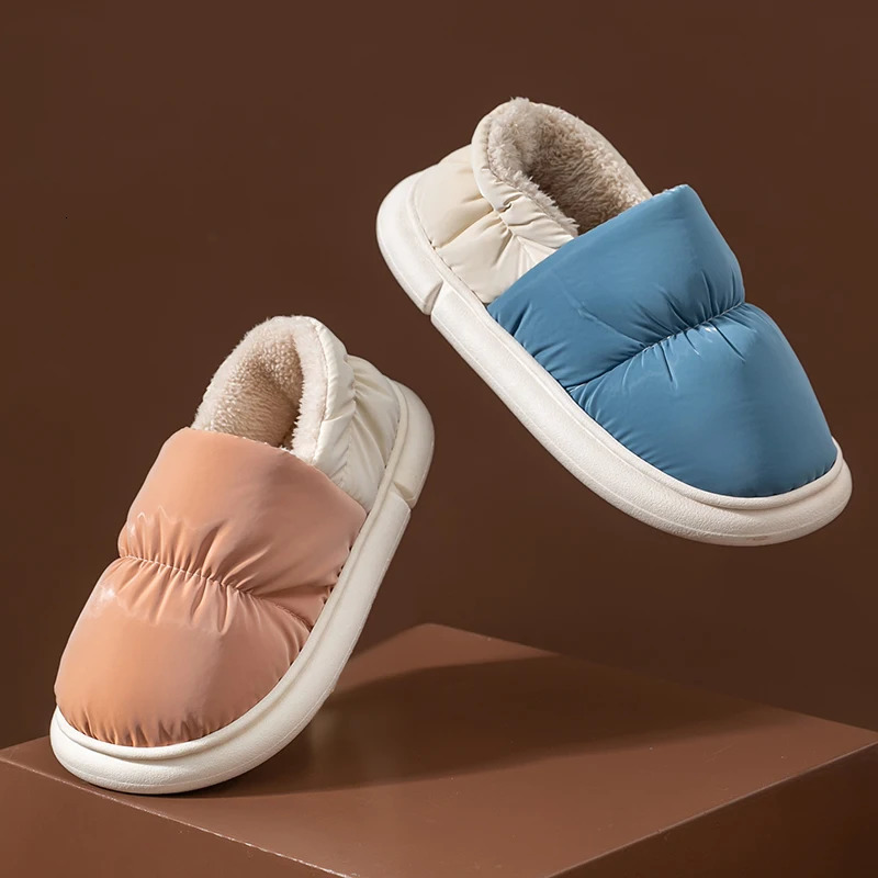 Winter Ladies Waterproof Non-slip Concise Slides Couple Cover Heel Warm Soft Plush Slippers Women Men Home Casual Cotton Shoes 241112