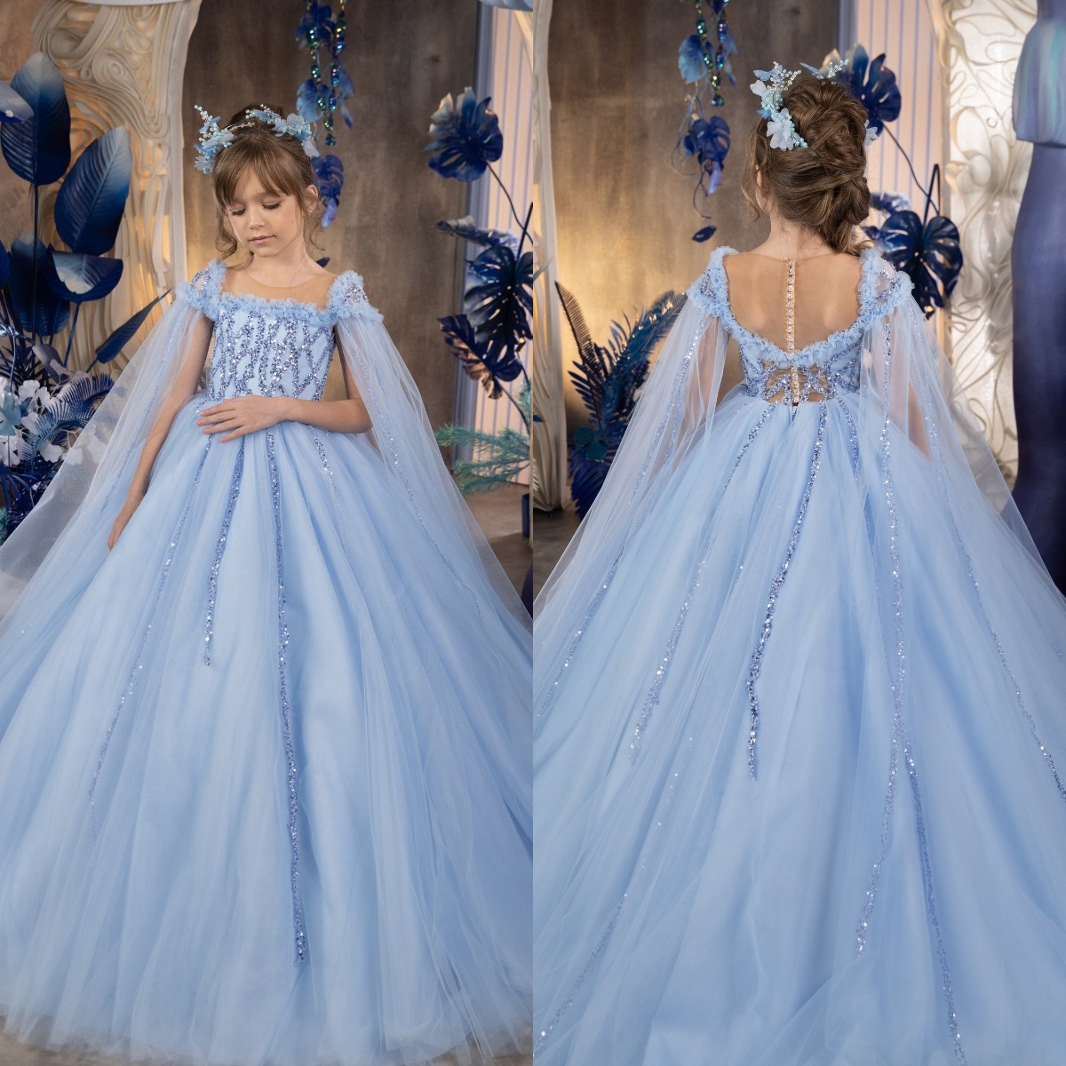 Baby Blue Princess Flower Girls Dresses With Cape Beaded Girl Pageant Gowns Kids First Communion Dress Illusion Back A Line Birthday Dress 0620