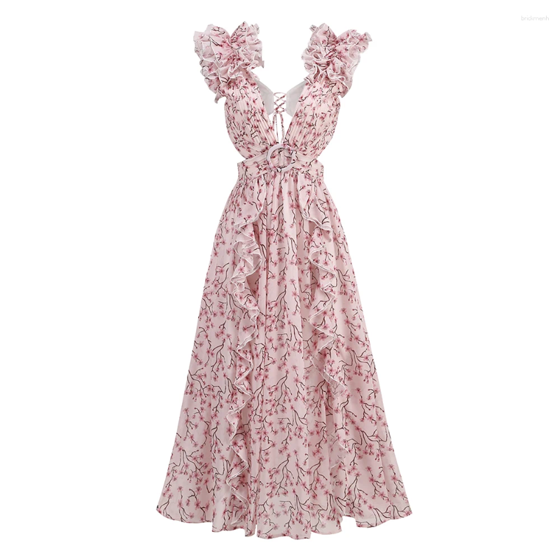 Women Summer Ral Holiday Dress Elegant Sleeveless V Neck Cut Out Appliques Long High Street Going Party Casual Dresses
