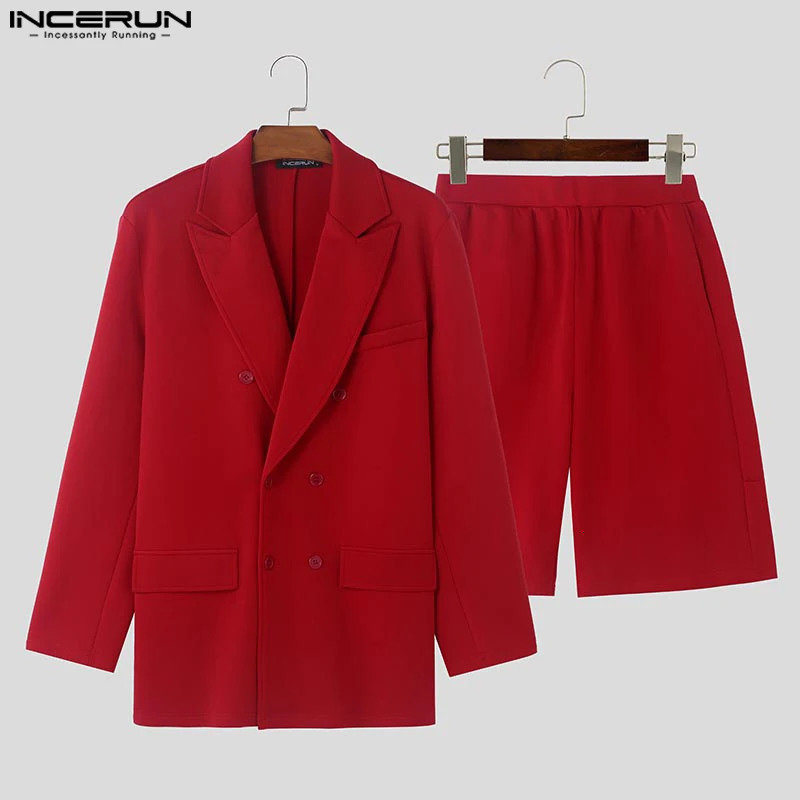 INCERUN Mens Set Solid Suitable for Long Sleeve Set Coats Short Sleeve Mens Street Clothing Selling Set 2 pieces 241112