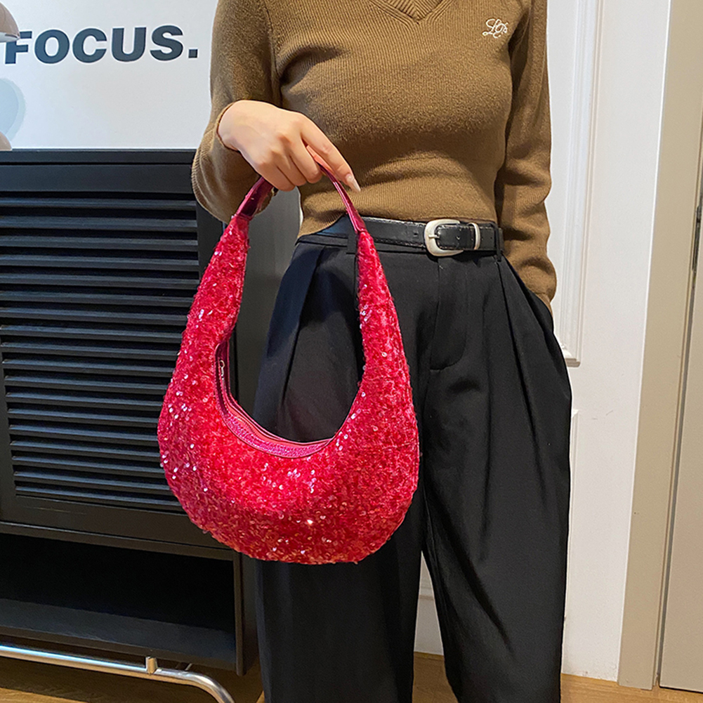 Women Sparkly Sequin Bag Hobo Bag Fashion Underarm Bag Solid Color Top Handle Bag Zipper Closure Vintage Style Commuting Bag