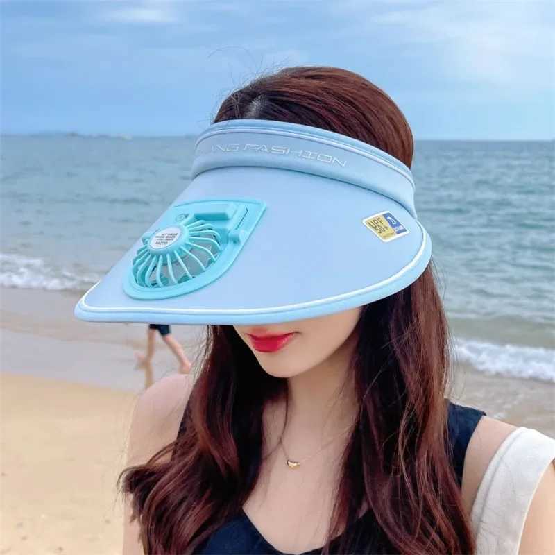 Visors Wide Brim Hats Bucket Hats Summer UV Protection Visor Women Beach Hat 3-speed Regulation Electric Fan Empty Top Hat Holiday Sunshade Bicycle Su