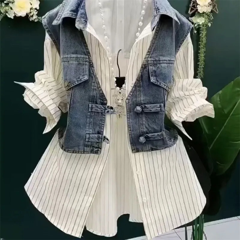 Fashion n Sense Striped Denim Jackets Shirt Womens Spring Summer cowboy Splicing Two Pieces Coat Top Women
