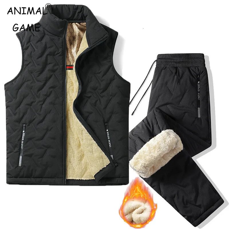 Winter Streerwear Men Plush Thick Sweatpant Lambswool Thermal Trousers Jacket Coats Waterproof Windproof Warm Sleeveless Set 241111