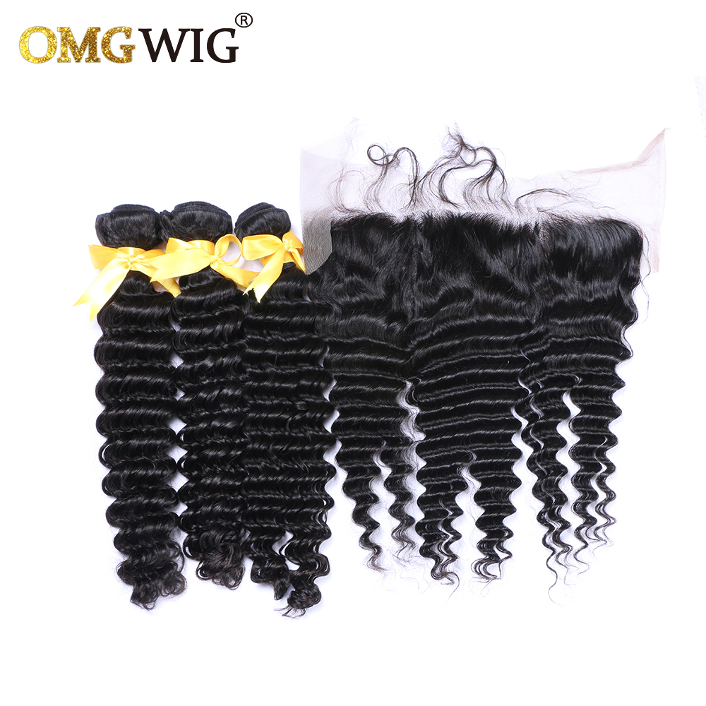 Deep Wave Natural Color Hair Bundles With 13x4 Base Closures Brazilian Human Hair Free Part Bleached Knots Transparent Lace dc3d3