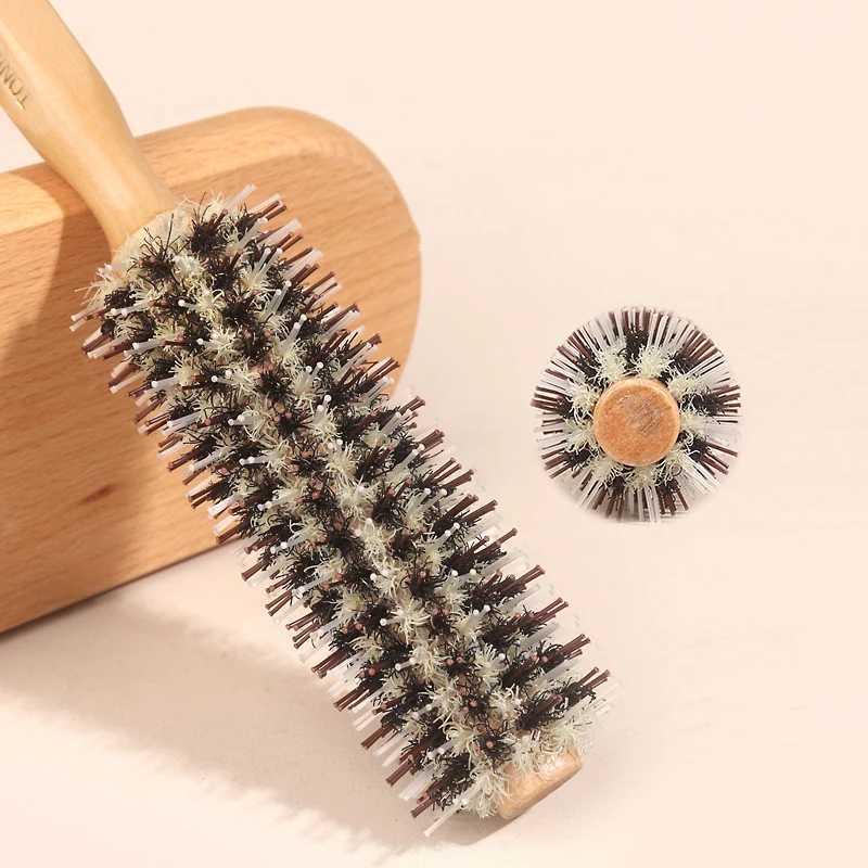Natural Pig Mane Curling Brush Hair Clipper Curling Brush Wooden Curling Brush Round Bucket Hair Comb W241112