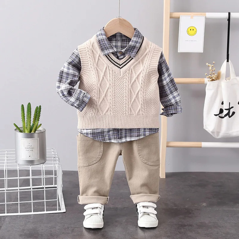 Spring Autumn Kids Fashion Korean Checkered Knitted V-neck Sweater Tank Shirt Pants Three Piece Set for Boys And Girls 241112