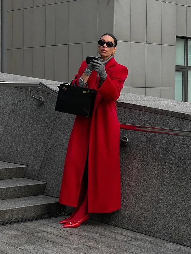 Red Collar Wool Womens Coat Fashion Long Sleeve Button Casual Office Long Coat Autumn Womens Street Coat 241112